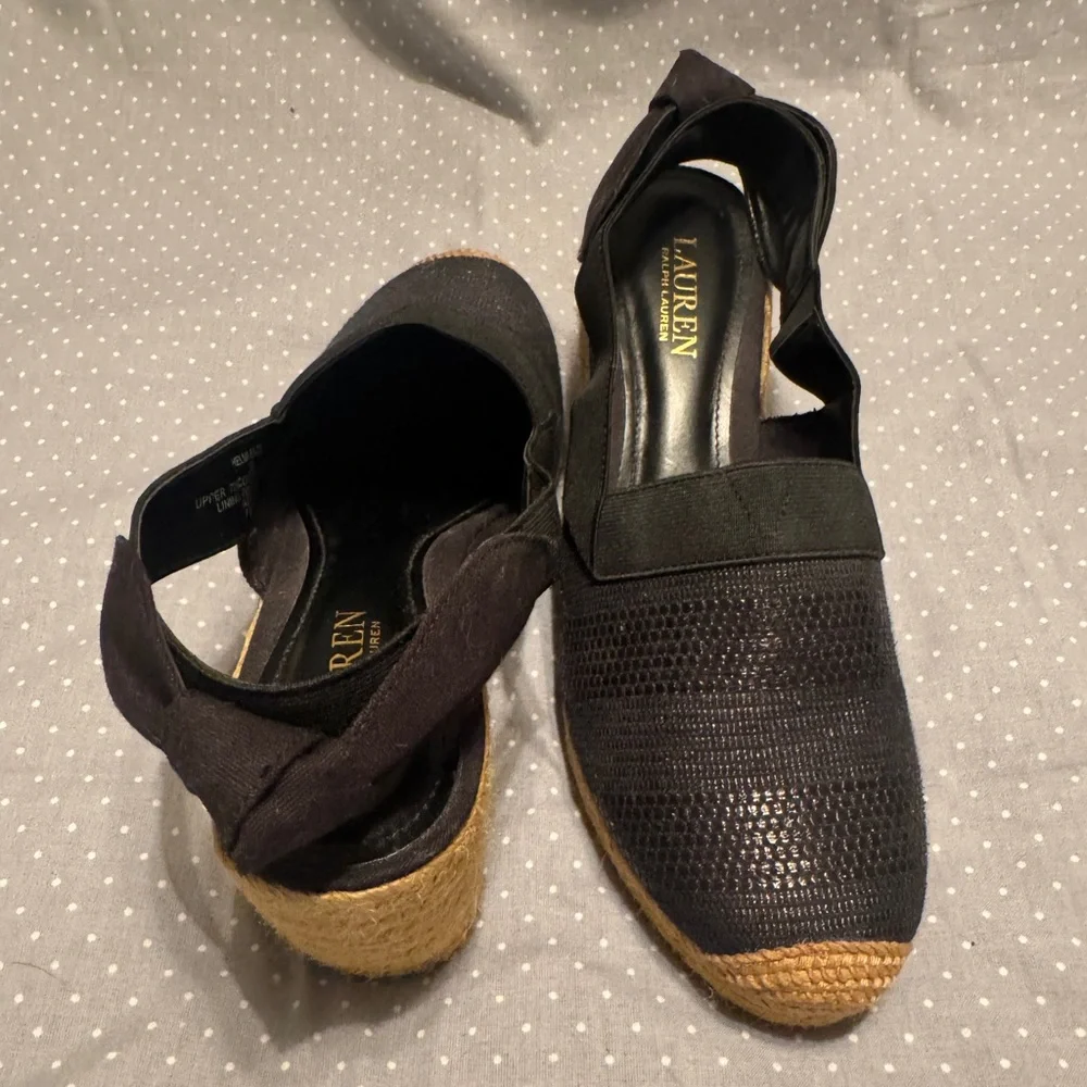 Lauren Ralph Lauren Helma Black Espadrille Wedges 10B NWOT Woven Slingback